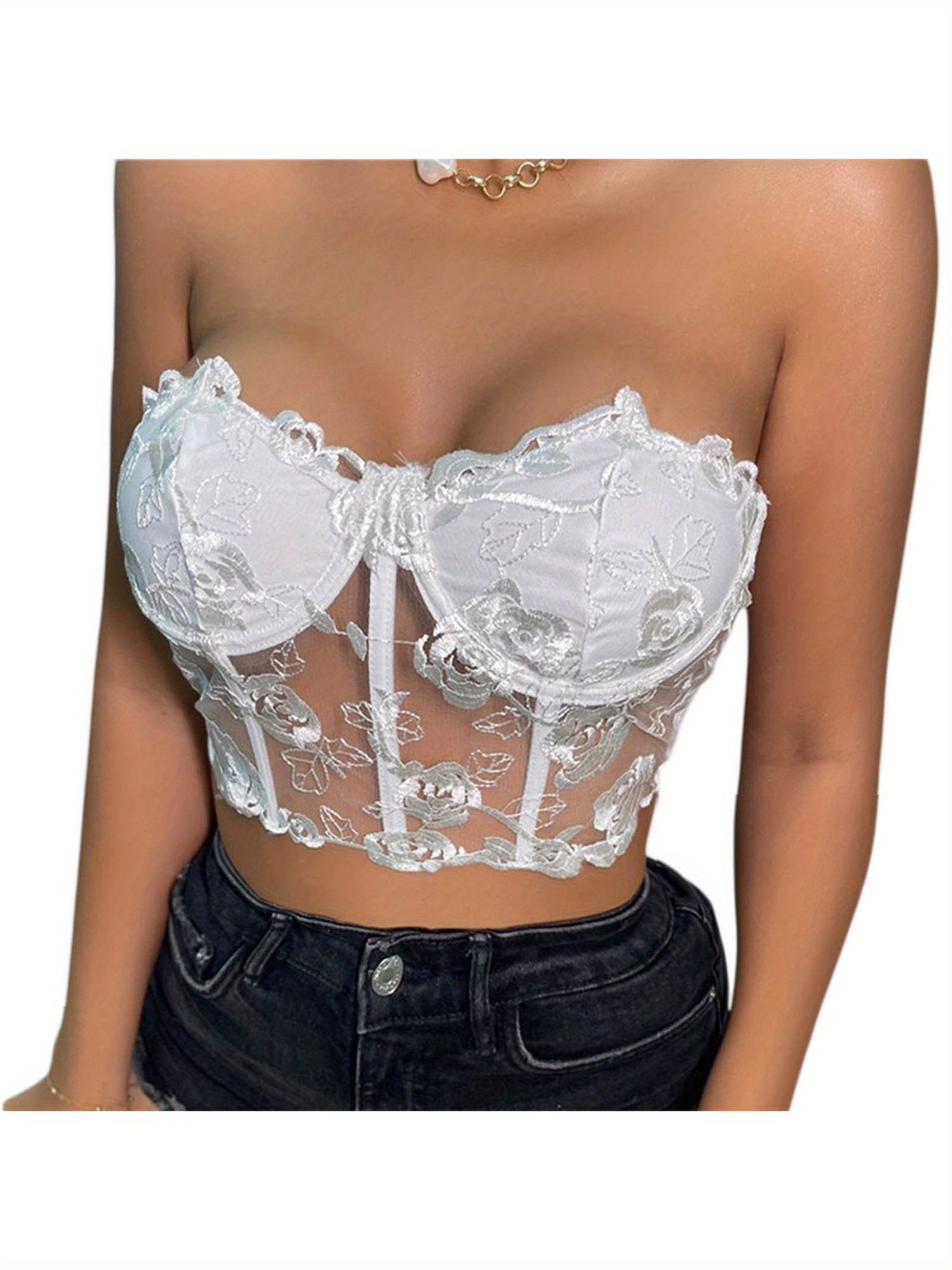 Women's Y2K Floral Bustier Corset Crop Top - Sexy Semi-Sheer Red Party Clubwear with Adjustable Straps, Hand Wash Only for Spring/Summer Night Out, Night Out Apparel | Floral Top | Intricate Embroidery